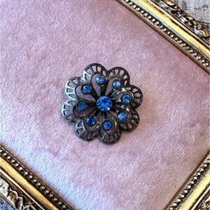 Vintage Silver-Toned Brooch With Blue Rhinestones Floral Design Mid-Century